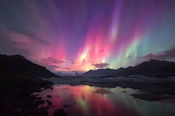 Aurora's Colorful Embrace: Witness the awe-inspiring display of the aurora borealis dancing gracefully across the night sky, its vibrant colors reflected in the serene, still waters below.