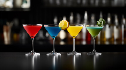 Assortment of vibrant drinks in coupe glasses