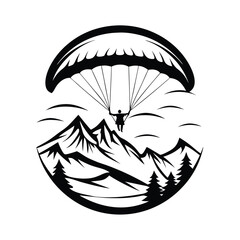 Paragliding Over Peaks Silhouette of Person Gliding Above Mountains and Forest Graphic