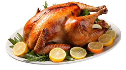 A golden brown roasted turkey on a white plate garnished with lemon slices and green herbs around it