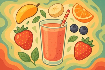 Colorful fruit smoothie with strawberries, mango, banana, and berries on vibrant background