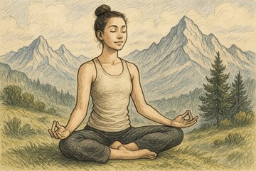 Woman practicing yoga in serene mountain landscape, meditation and tranquility in nature