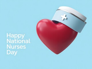 A heartfelt tribute to nurses on National Nurses Day, a red heart wearing a nurse's cap against a light blue background.