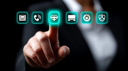 Fototapeta premium A businesswoman selecting icons for telecommunication, support tickets, and remote repair services from a holographic interface