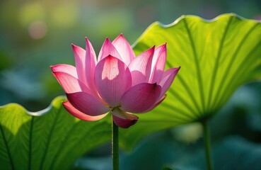 Obraz premium Close-up lotus flower pink blossom illuminated sunlight. Beautiful plant petals with details. Green leaves in the background, blurred, natural outdoor scene, zen meditation atmosphere.