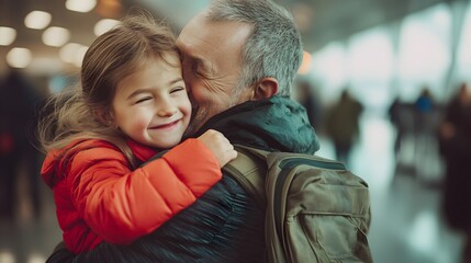 Fototapeta premium A heartwarming moment as a happy little girl embraces her grandfather in a bustling airport, their smiles reflecting pure joy and affection.