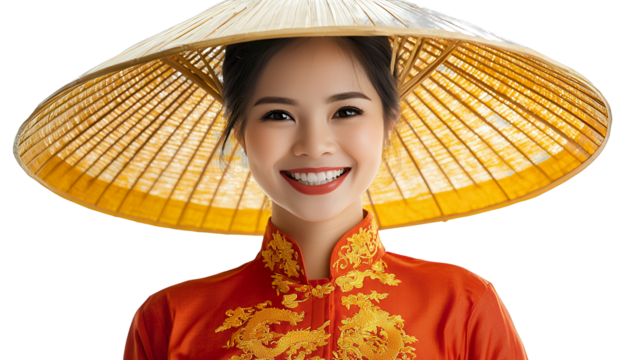 a portrait of a young woman wearing a traditional hat on a transparent background, PNG image, PNG file, Generative art.