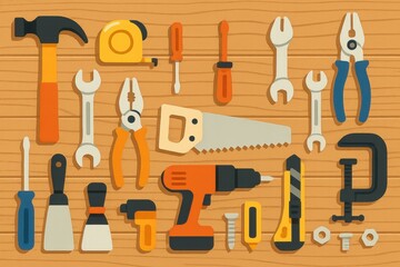 Colorful array of tools on wooden background: hammer, screwdriver, saw, drill, pliers featured