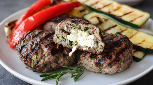 Juicy Greek Bifteki Patties Stuffed with Cheese and Served with Grilled Vegetables on Plate