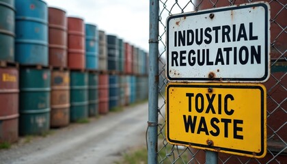Industrial regulation, toxic waste warning signs near barrels of hazardous waste. Environmental hazard concept. Pollution, contamination, risk of chemical storage, industrial area. Waste management