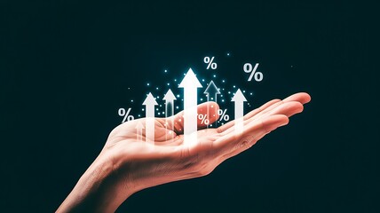 Digital Growth Charts with Financial Symbols, Upward Arrows, Percentage Signs, and Floating Data on Dark Teal Background for Business and Investment Success