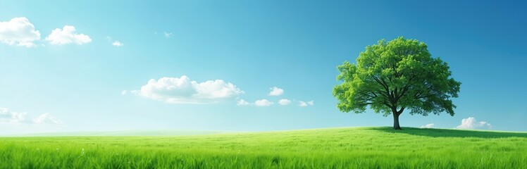 Fototapeta premium Vast green field with lone tree, clear blue sky, few clouds. Nature, tranquility, peace. Peaceful landscape, sunny day, open space. Serene scene suitable for backgrounds, websites, advertising.