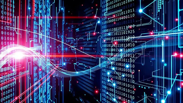 Abstract digital binary code background with glowing lines, dots and numbers in blue and red colors