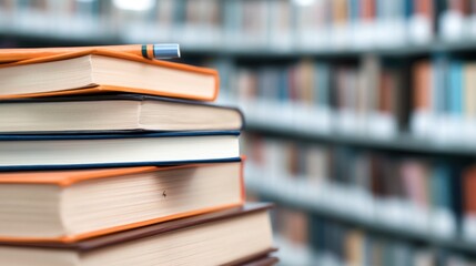 Books stacked high with pen represents learning and education