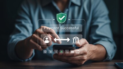 Payment Successful Digital Finance with Holographic Interface and Green Checkmark in Futuristic Financial Technology Concept