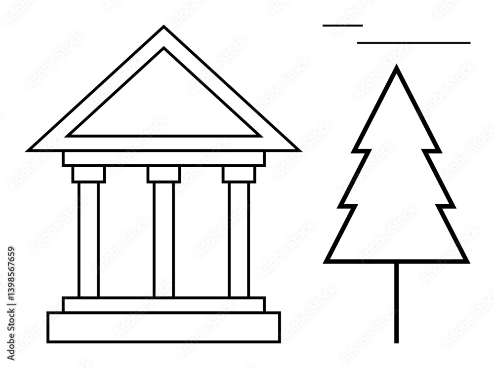 Poster simplified classical building with iconic columns alongside a minimalistic evergreen tree. ideal for