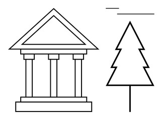 Simplified classical building with iconic columns alongside a minimalistic evergreen tree. Ideal for themes thumbs up heritage, balance, history, environment, education, sustainability, and design