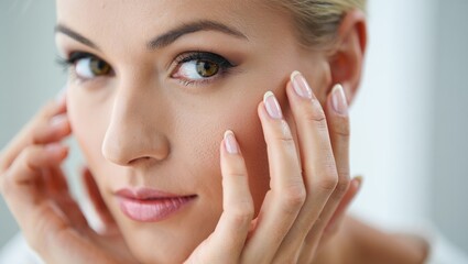 Fototapeta premium Primer plano de una mujer tocando su oreja con delicadeza mientras el cabello rubio claro enmarca la escena sobre un fondo neutro y desenfocado