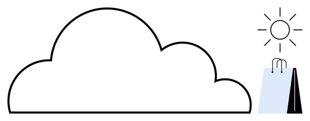 Cloud with sun above and shopping bag at the side representing online shopping, cloud technology, and sustainability. Ideal for e-commerce, environmental impact, innovation, cloud storage, digital
