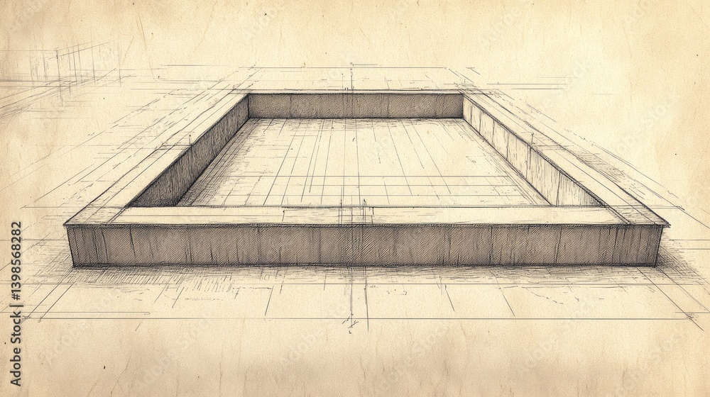 Poster monochromatic illustration of a geometric structure with textured walls. the artwork features a rect