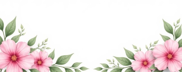 Fototapeta premium Delicate watercolor pink flowers and green leaves border on white background, pink, border, green