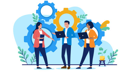 Teamwork people and collaboration concept - Group of three businesspeople with laptop computers working on project together with cogwheels in background. keep the wheels turning concept in flat design
