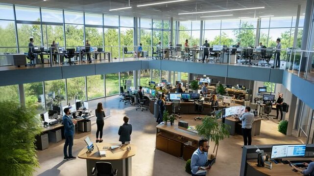 Open Office Dynamics: A bustling office environment, filled with natural light and an open layout, showcases the collaborative spirit of modern work.