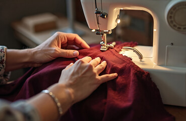 Woman hands sewing fabric on machine. Stitching process at atelier. Tailoring hobby, craft, dressmaking at workplace. Close-up of female hands, focused on detail. Work at home, sewing studio.