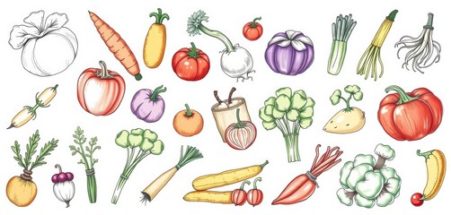 Hand-drawn vegetable sketches, diverse assortment, rustic style, ample white space, clipart, cooking