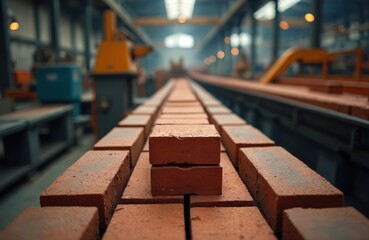 Naklejka premium Brick production line industrial factory. Manufacturing process with machinery, equipment, automation on conveyor belt. Ceramic clay bricks ready for construction building material. Industry labor,