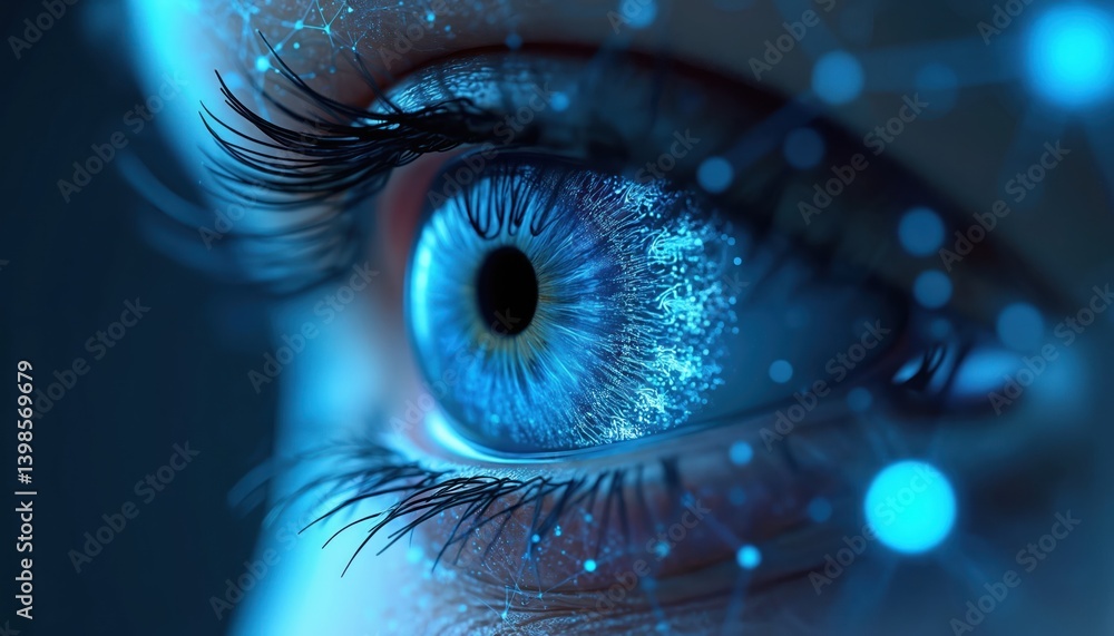 Aufkleber close-up of futuristic digital blue eye with network connection. concept of vision, future tech, cyb