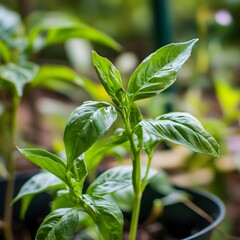 Obraz premium Vibrant Green Basil Plant Sprout Growing in Pot