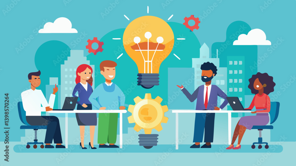 Aufkleber business team brainstorming with lightbulb and gears in a modern office environment setting scene