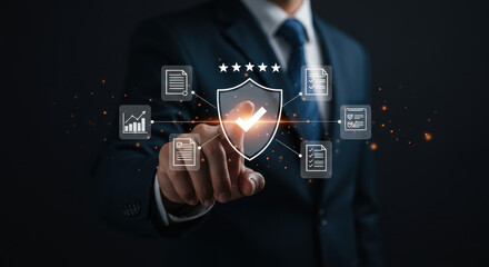 Business Security: Protection & Compliance. Shield, Documents, Graph, Checklist. Secure Your Strategy Now!