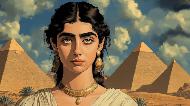 Stylized illustration of Cleopatra with elaborate golden jewelry and traditional Egyptian attire, standing before the pyramids under a vivid sky
