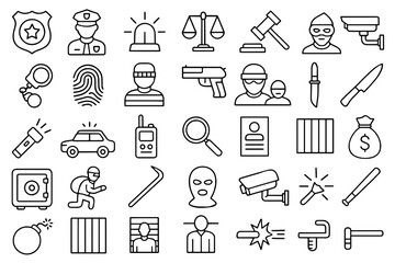 Police and crime line icons collection in flat design with unique outlines