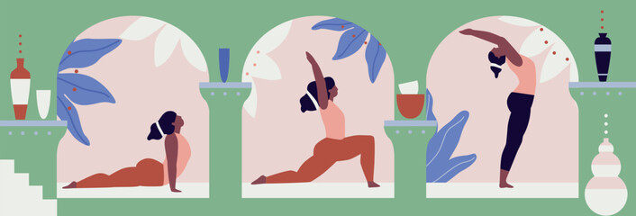 Authentic wellness. Woman exercising yoga vector illustration.