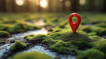 3D red location pin icon on the map, on top of mossy ground. 10