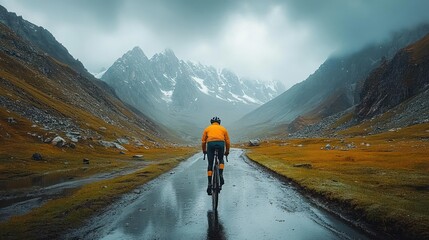 Cyclist on mountain road in the rain.  Vast, wet landscape, rugged terrain