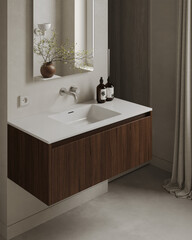3d modern contemporary grey bathroom with mirror and bath