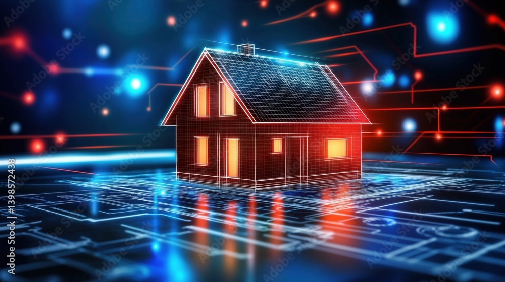Poster digital representation of a smart house showing technology integration, energy efficiency, home auto