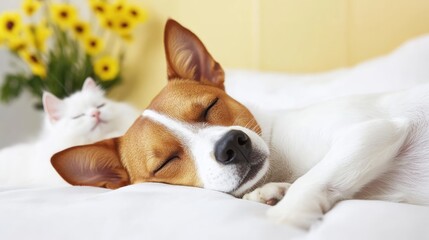 Peaceful Coexistence: Dog and Cat Sleeping Together in Sunlit Bedroom