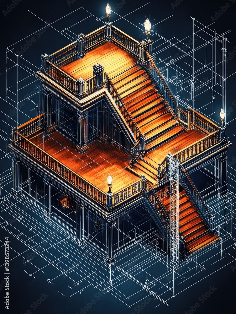 Poster isometric view of a detailed building with multiple levels featuring stairs and ornate railings unde