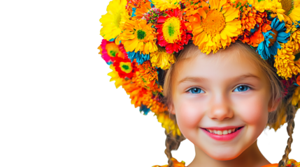 portrait of a cute little girl wearing a colorful hat with flowers on her head on photo on a transparent background, PNG image, PNG file, Generative art.
