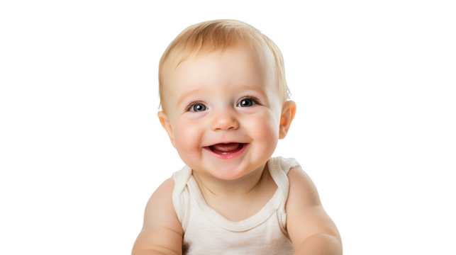 a portrait of a baby smiling at the camera photo on a transparent background, PNG image, PNG file, Generative art.
