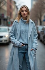 Fototapeta premium Young woman in stylish outfit posing on city street. She wears cozy blue sweater, oversized coat, jeans. Urban fashion model, chic casual look, everyday style, cold season, winter, fall fashion.