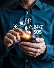 Futuristic 24 7 SOS Emergency Services Concept with Digital Icons Holographic Smartphone Display and Corporate Customer Support Technology Interface