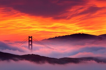 Golden Gate Sunrise: The Golden Gate Bridge stands majestically against a vibrant sunrise, with fog weaving through the iconic structure, capturing a scene of tranquility and wonder.