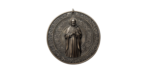 Bronze Religious Medallion With Saint Figure And Arabic Script. Symbol Of Faith And Spirituality Isolated On Transparent Background