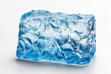 A glacial blue ice block, capturing the raw beauty of frozen water, with stark white background lighting.